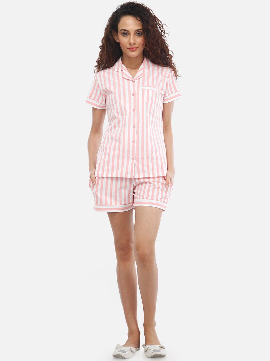 

Nite Flite Women White & Pink Striped Night Suit