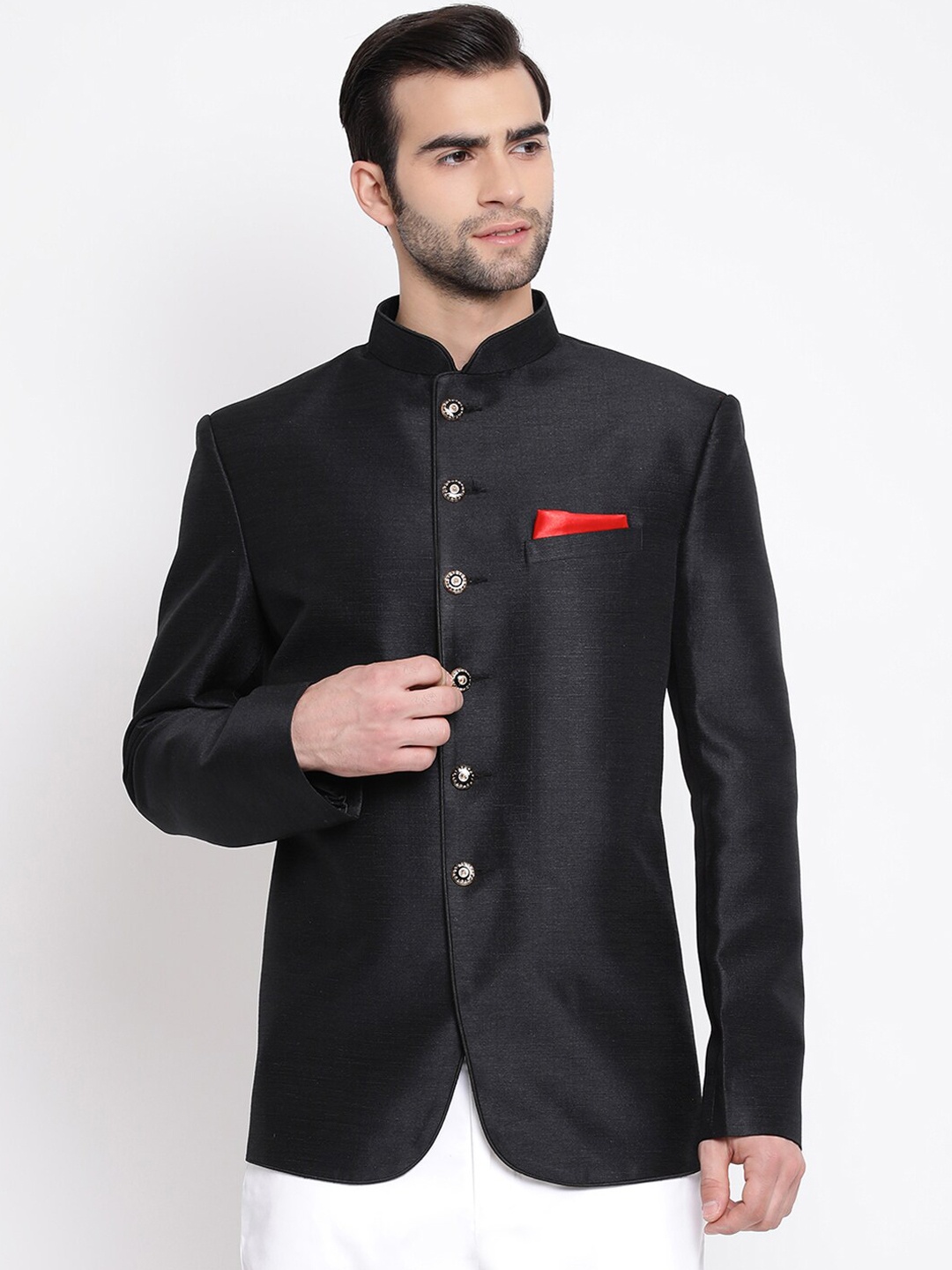 

VASTRAMAY Men Black Solid Tailored-Fit Bandhgala