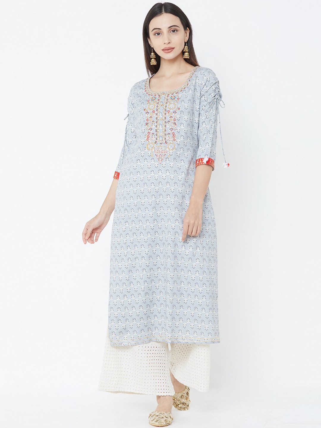 

FASHOR Women Grey Embroidered A-Line Kurta