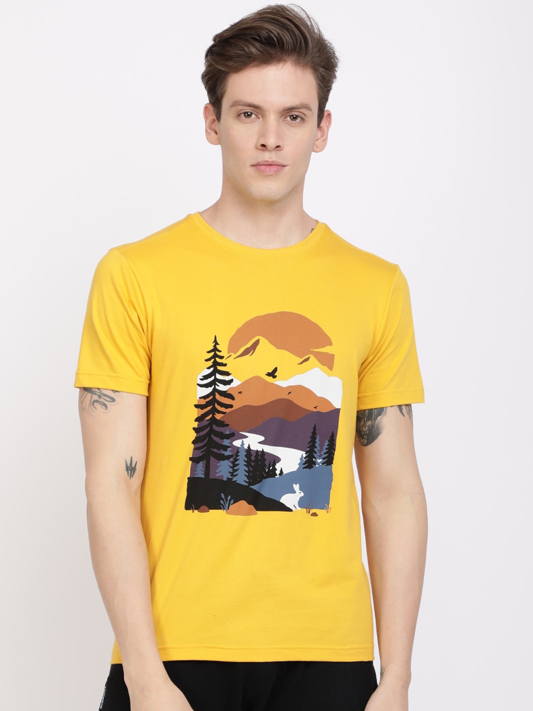 

IVOC Men Yellow Printed Round Neck T-shirt