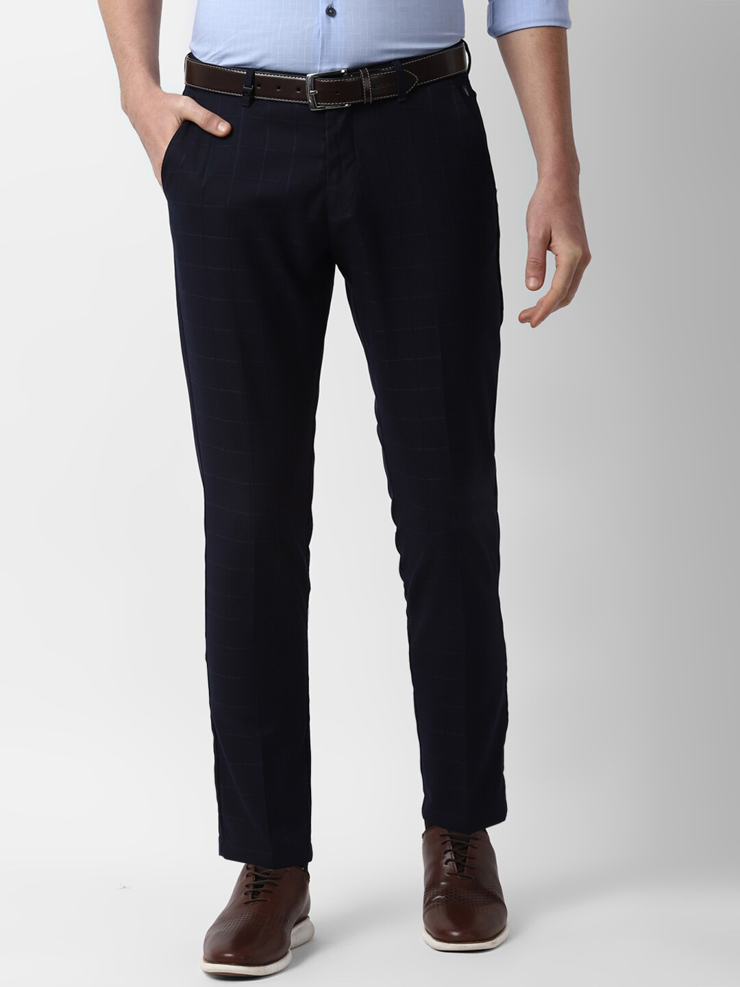

Louis Philippe Sport Men Navy Blue Slim Fit Checked Formal Trousers