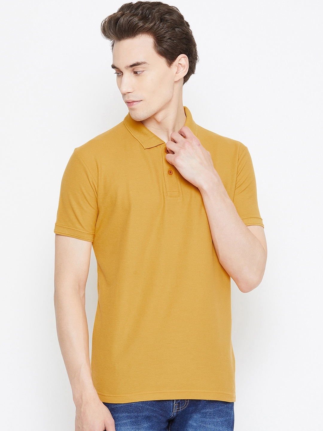 

Duke Men Yellow Solid Polo Collar T-shirt
