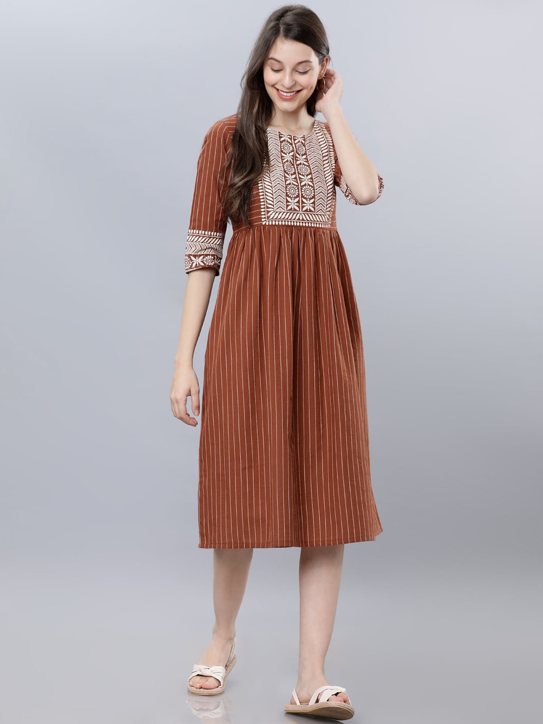 Vishudh Women Brown Striped Fit and Flare Dress