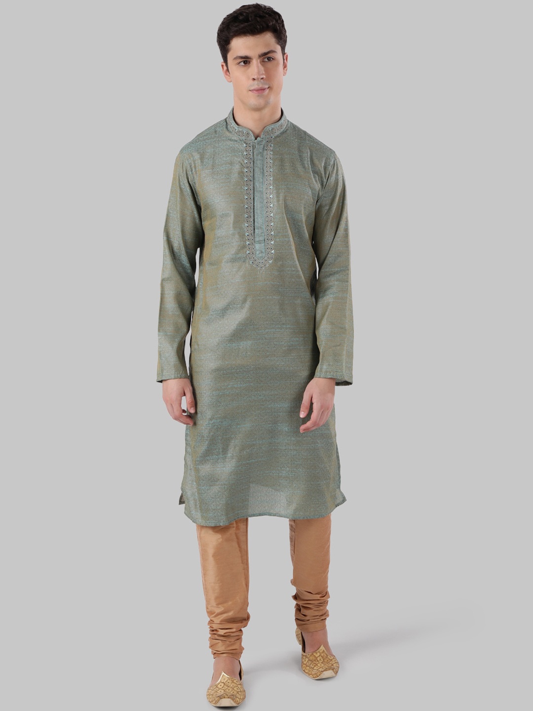 

Ethnix by Raymond Men White Yoke Design Thread Work Pastels Kurta