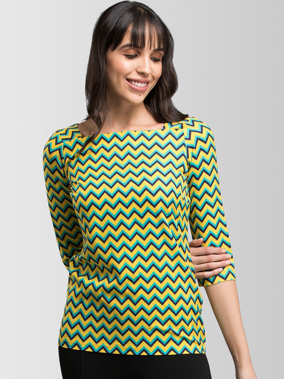 

FableStreet Women Yellow & Blue Printed Top