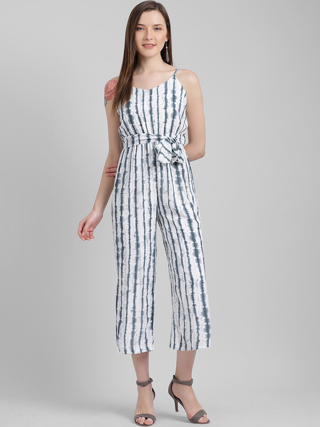 

Zink London Women White & Grey Self Design Basic Jumpsuit