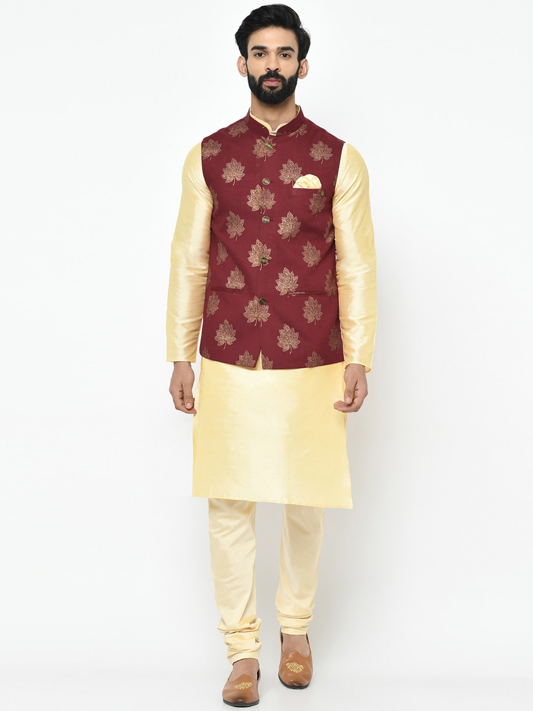 

Vartah Men Gold-Toned & Maroon Solid Kurta with Churidar & Jacket