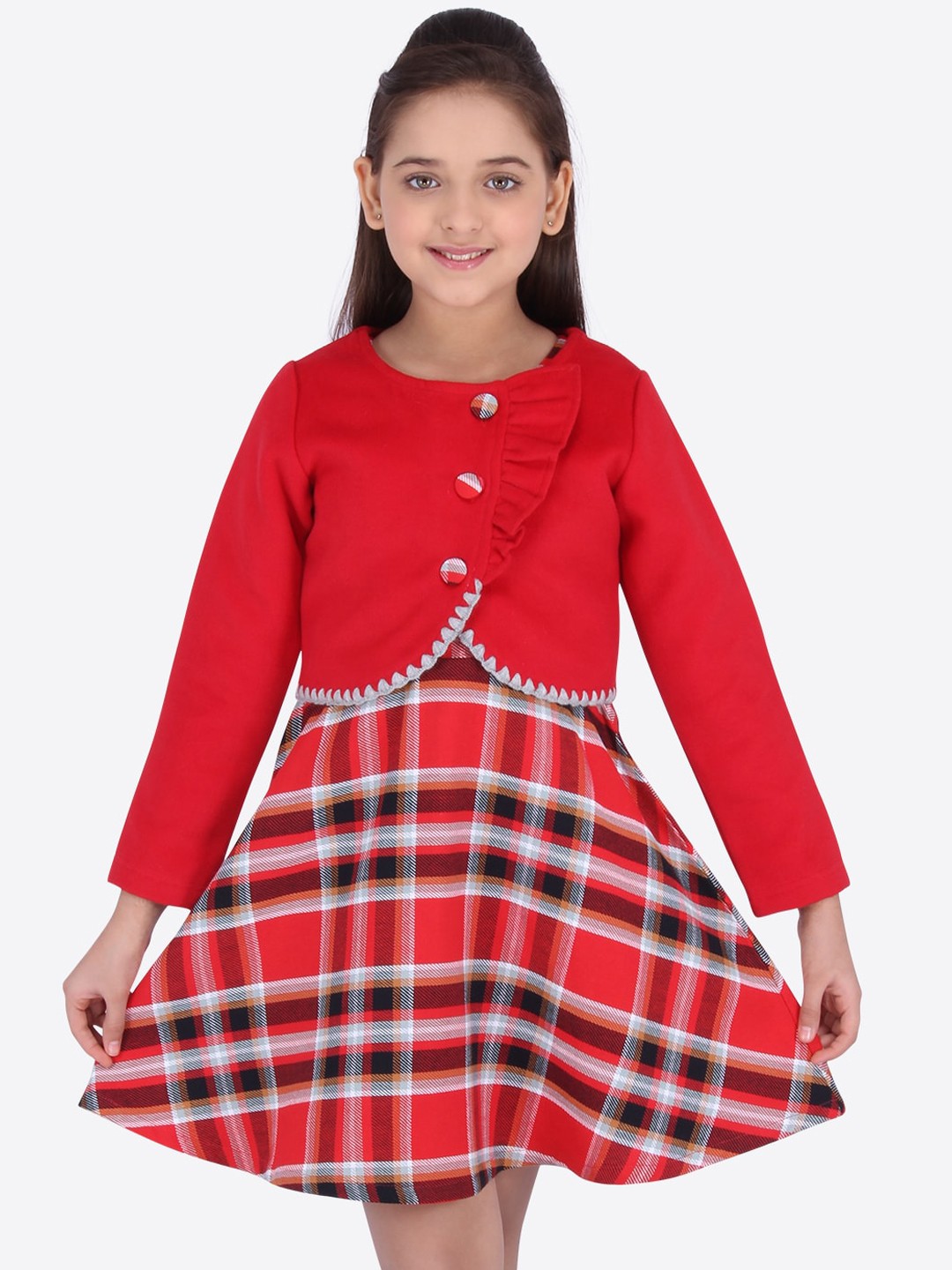 

CUTECUMBER Girls Red Checked A-Line Dress with Shrug