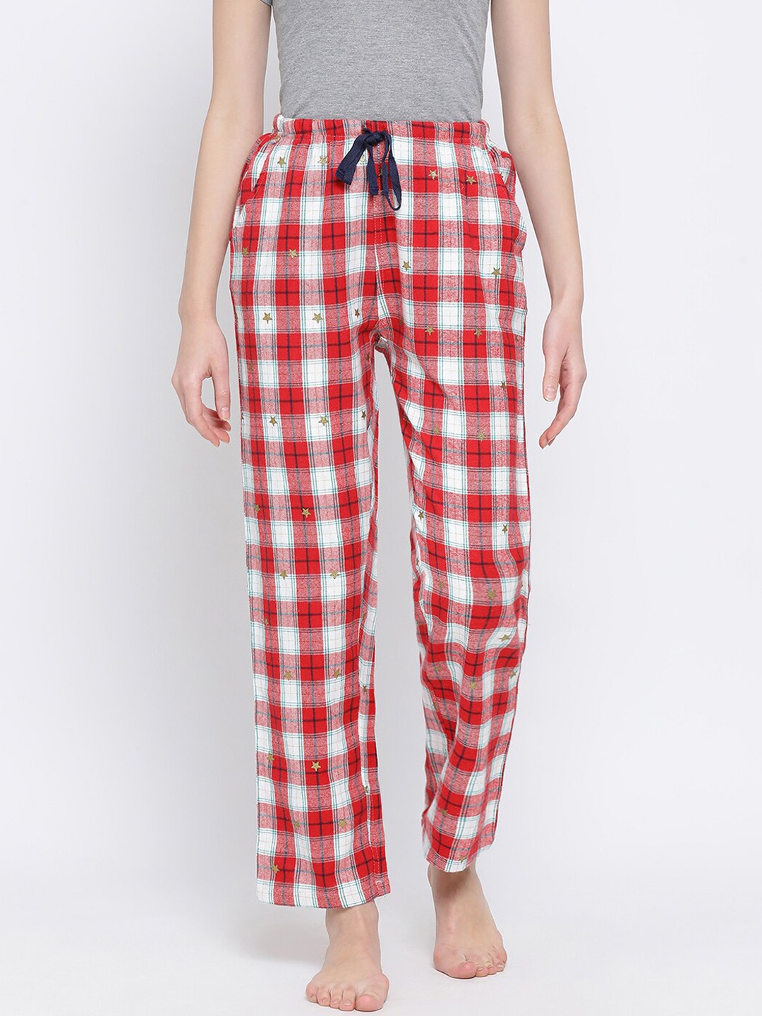 

Kanvin Women Red & White Checked Twill Cotton Lounge Pants
