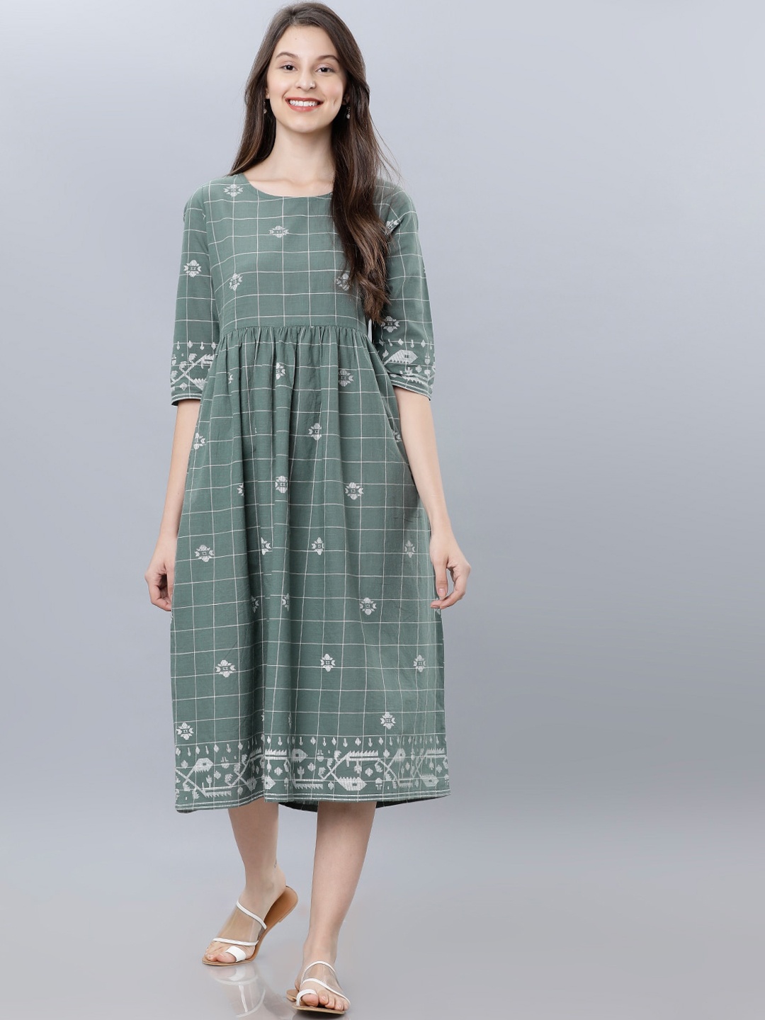 

Vishudh Women Green Checked Cotton Fit and Flare Dress