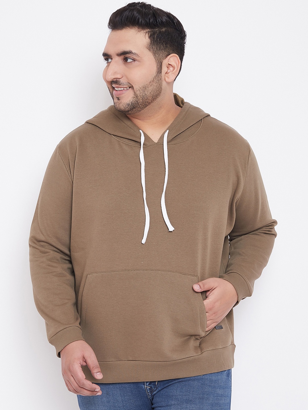 

Instafab Plus Men Olive Brown Solid Hooded Sweatshirt