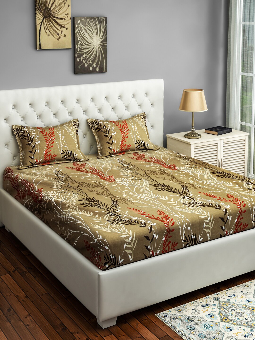 

SWAYAM Brown Floral 250 TC Cotton 1 King Bedsheet with 2 Pillow Covers