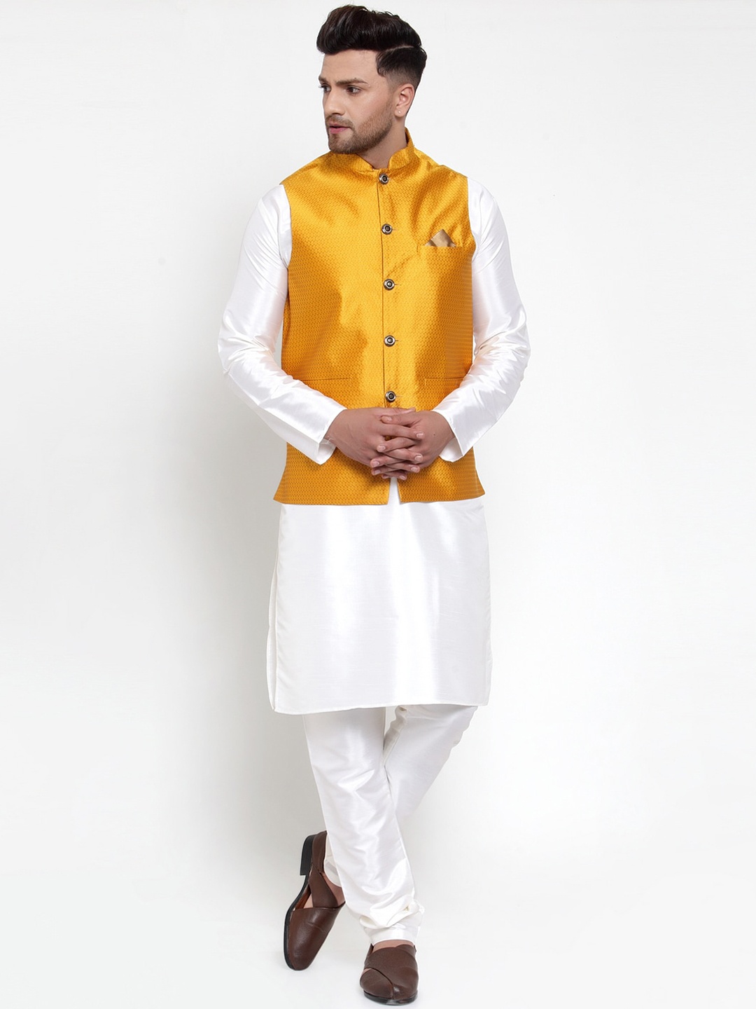 

Jompers Men Mustard Yellow & Off-White Solid Kurta Set with Nehru Jacket