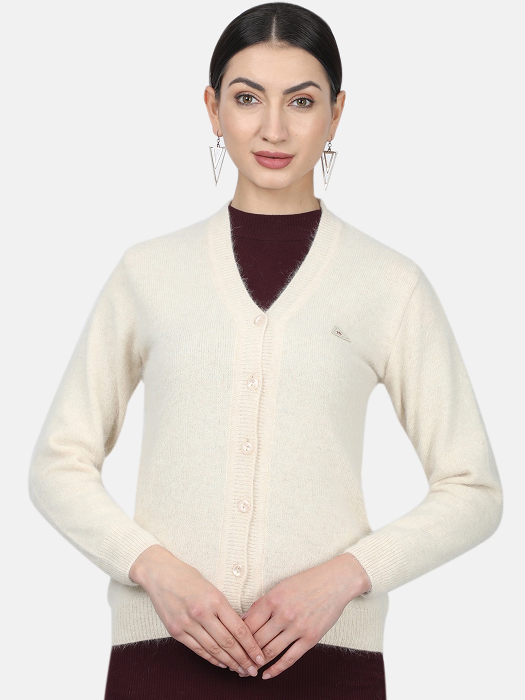 

Monte Carlo Women Cream-Coloured Solid Woolen Cardigan