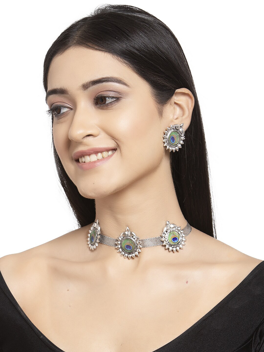 

PANASH Oxidized German Silver-toned & Green Peacock Meenakari Jewellery Set
