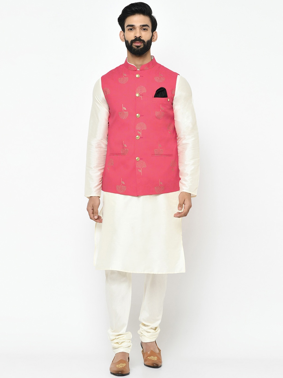

Vartah Men White & Pink Solid Kurta with Churidar & Nehru Jacket