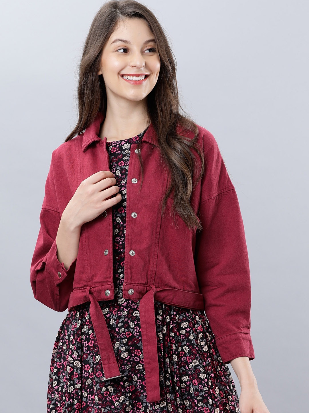 Tokyo Talkies Women Maroon Solid Denim Jacket