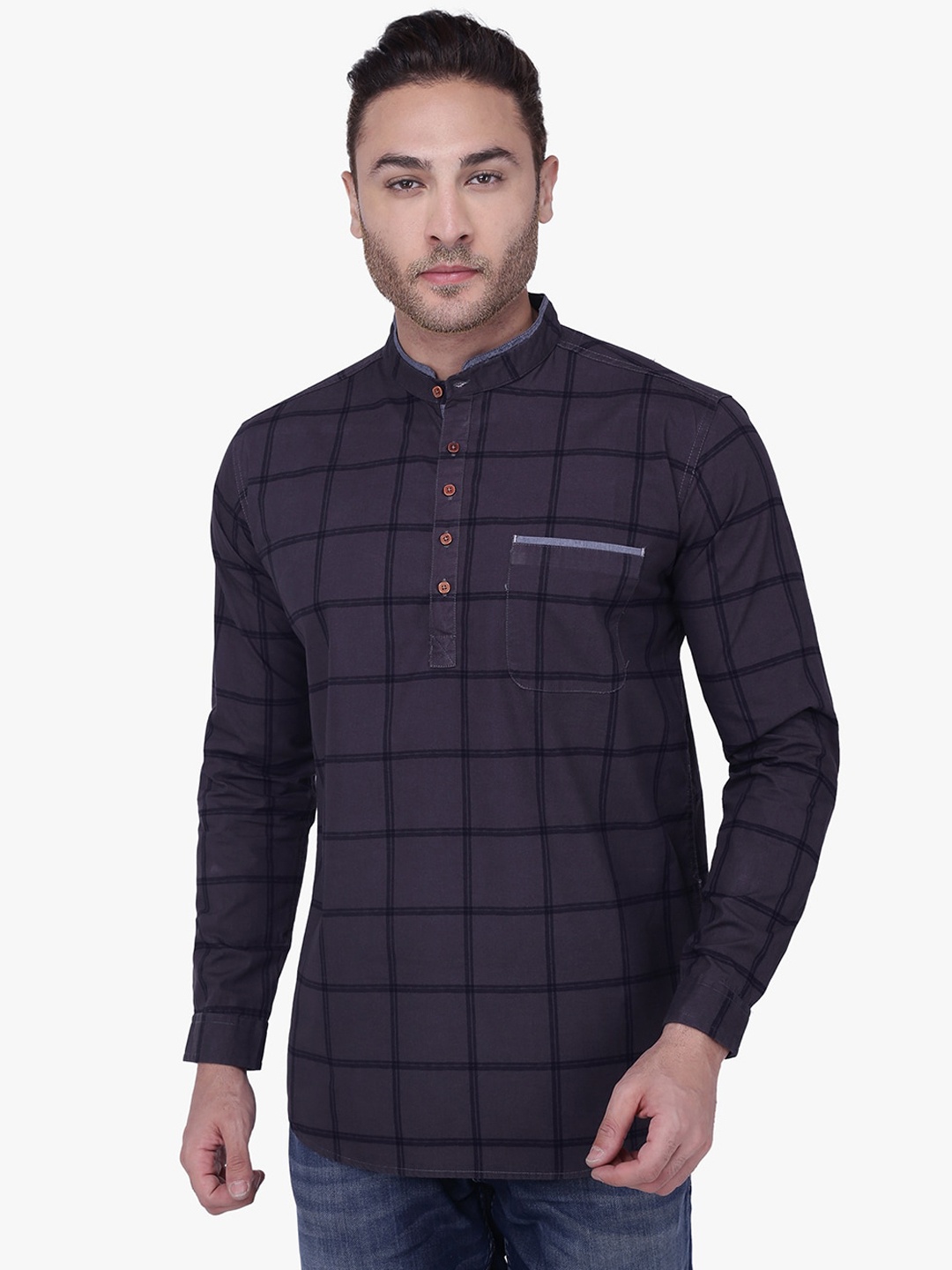 

Kuons Avenue Men Grey Checked Straight Kurta