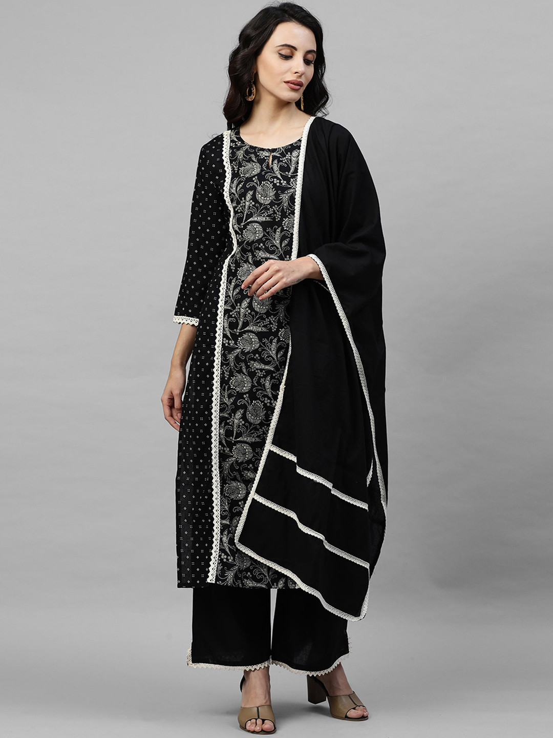 

Indo Era Women Black Embroidered Kurta with Sharara & Dupatta