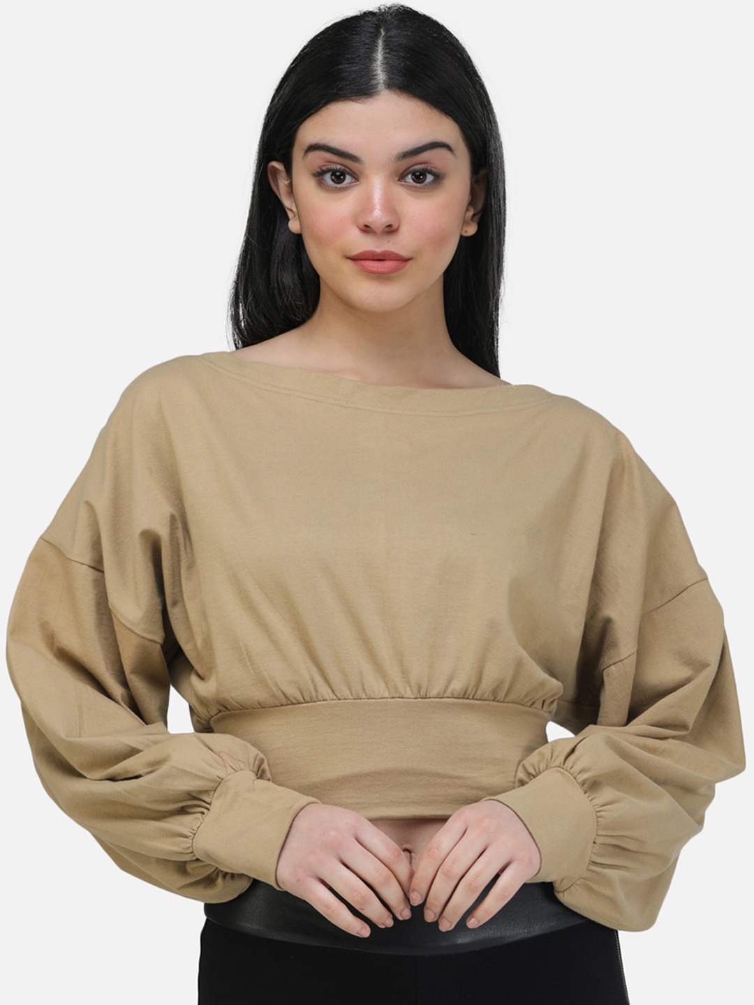 

SCORPIUS Women Beige Solid Blouson Top