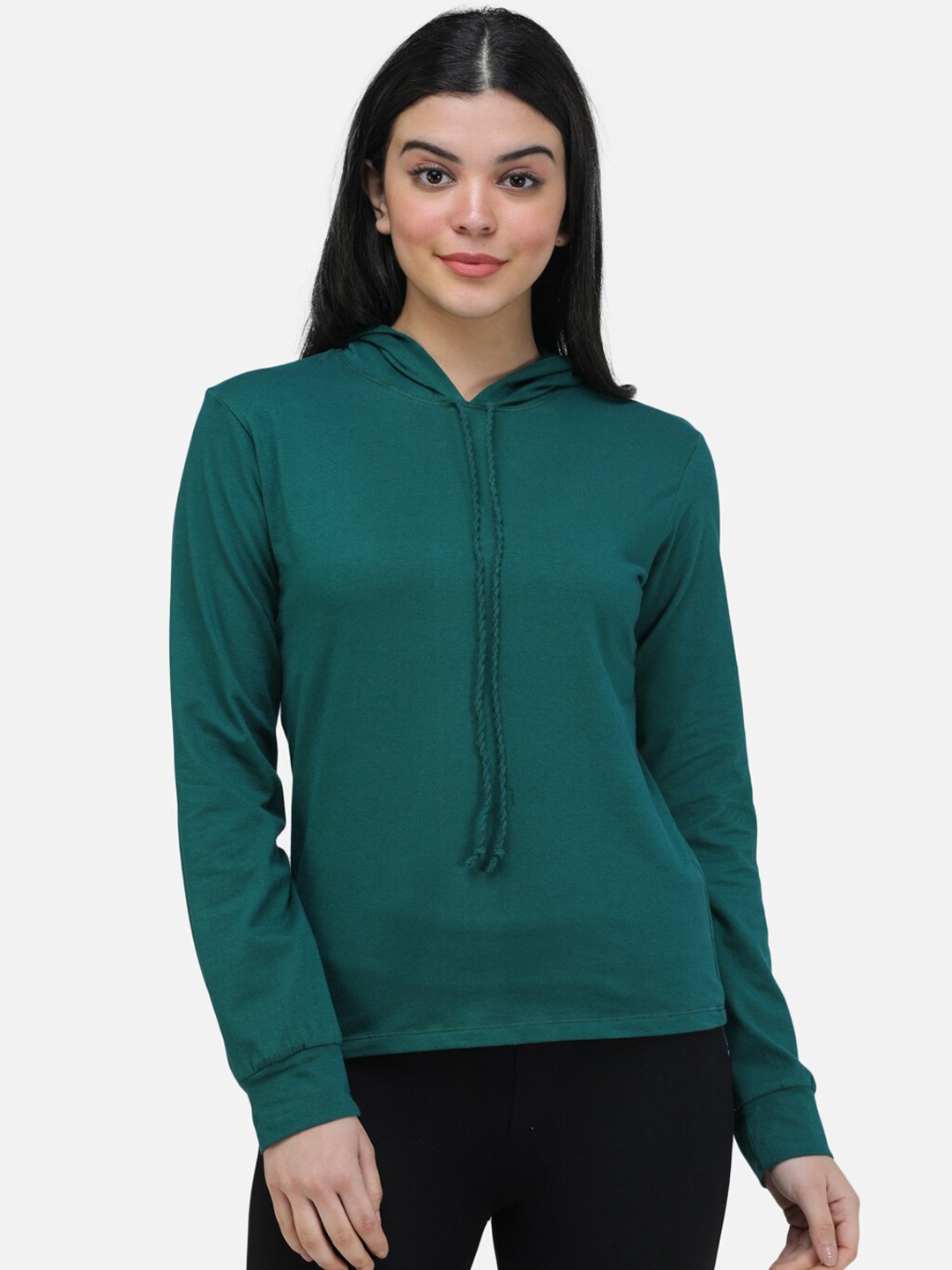 

SCORPIUS Women Green Solid Hooded Sweatshirt