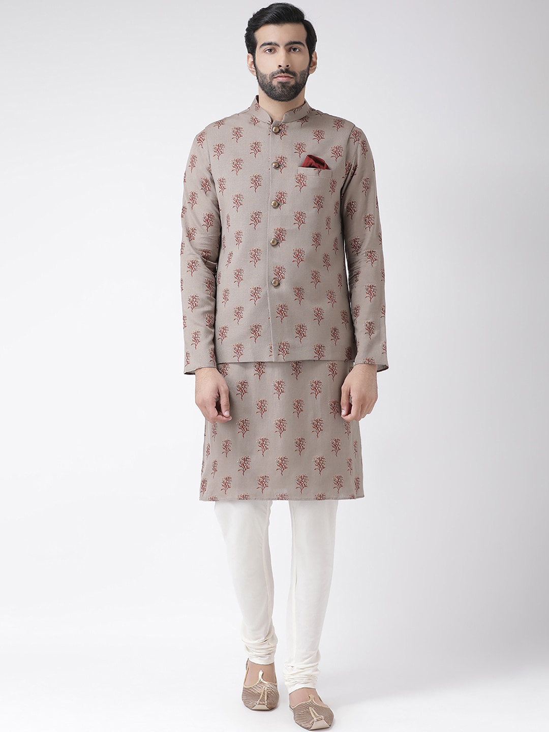 

Vartah Men Khaki & White Printed Kurta with Churidar & Nehru Jacket