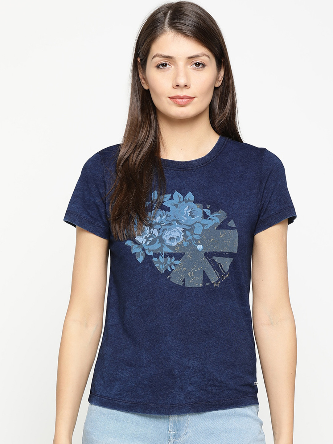 

Pepe Jeans Women Navy Blue Printed Round Neck T-shirt