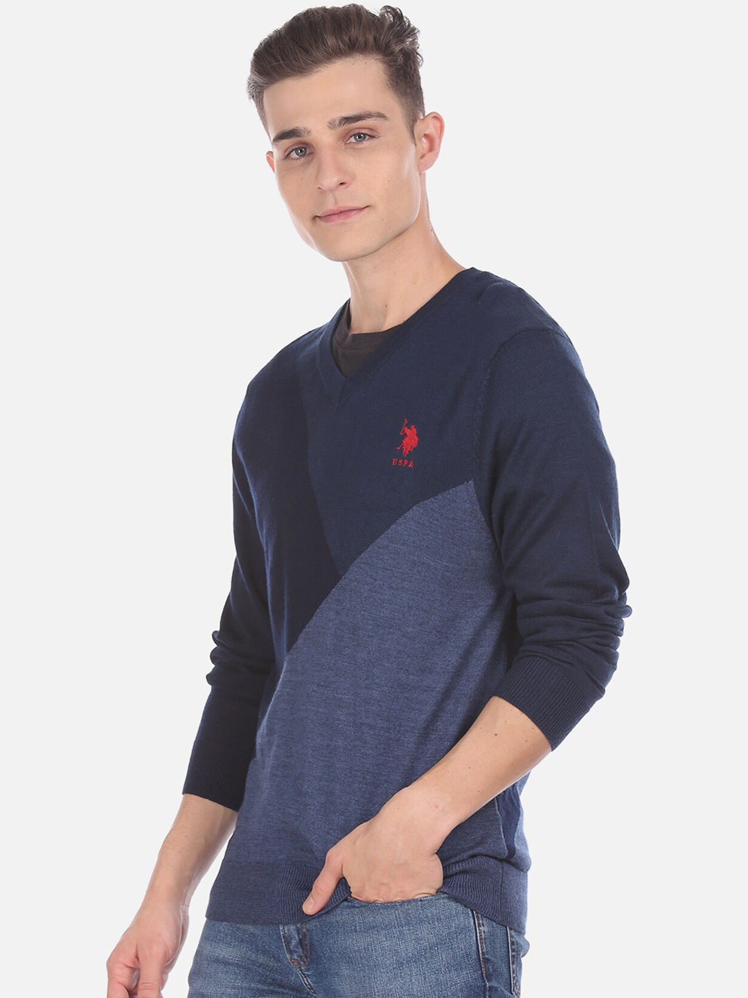 

U.S. Polo Assn. Men Navy Blue Colourblocked Pullover Sweater
