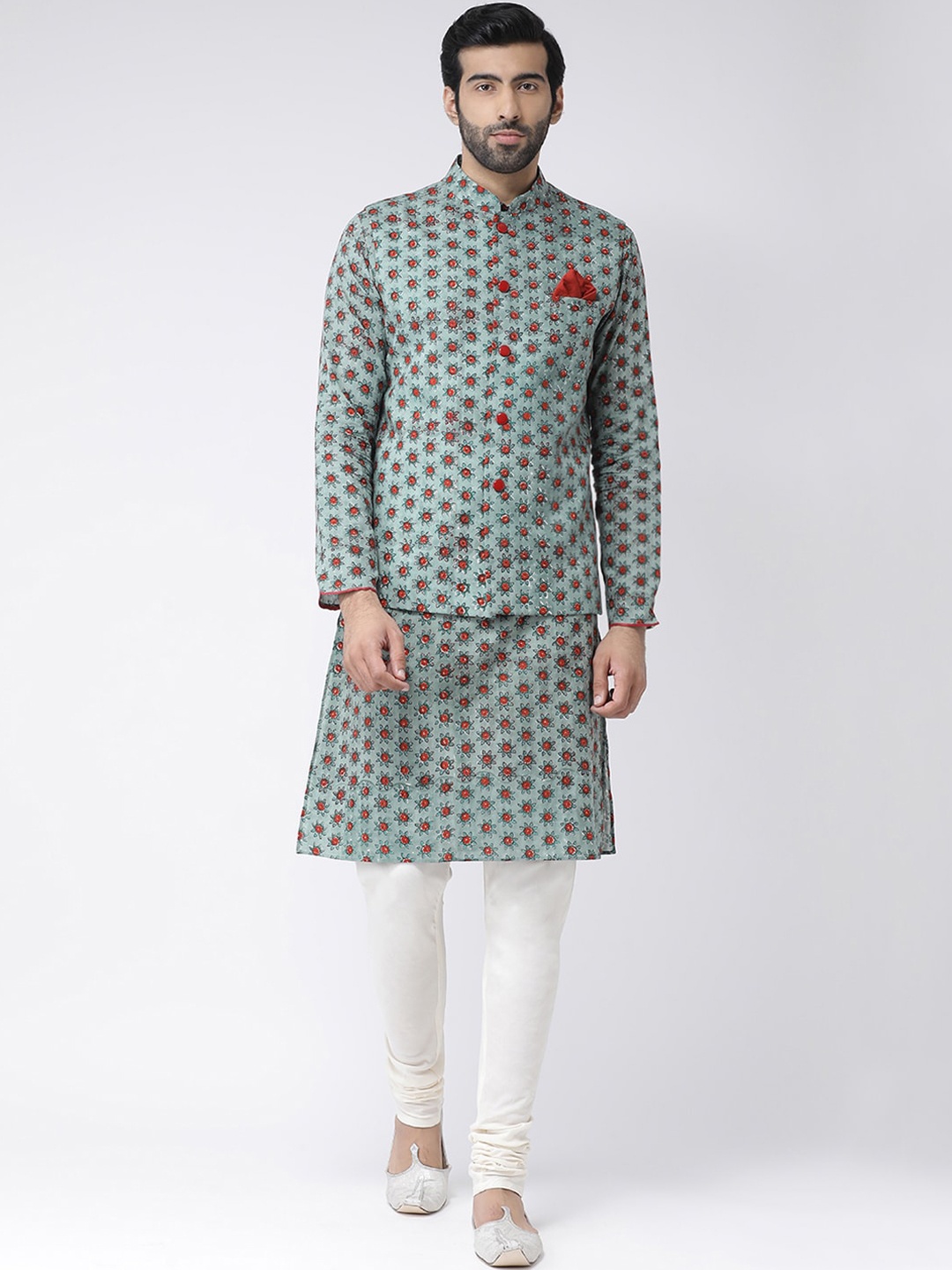 

Vartah Men Green & Red Printed Kurta with Churidar & Nehru Jacket