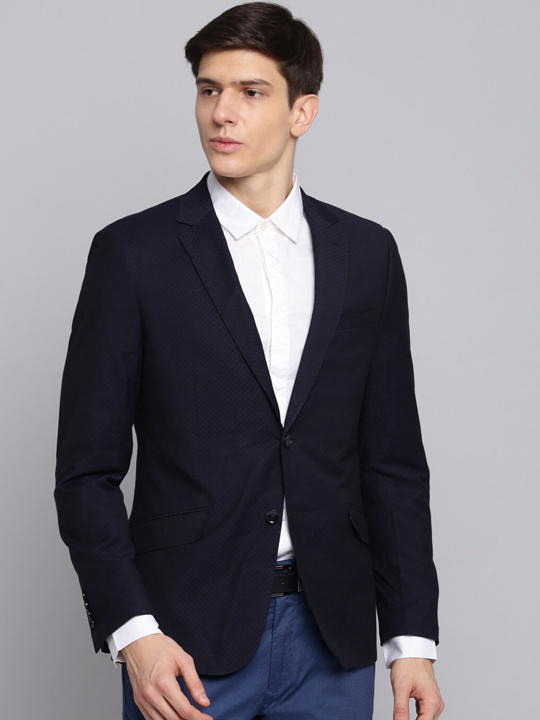 

Bruun & Stengade Men Black Self Design Slim-Fit Single-Breasted Formal Pure Cotton Blazer