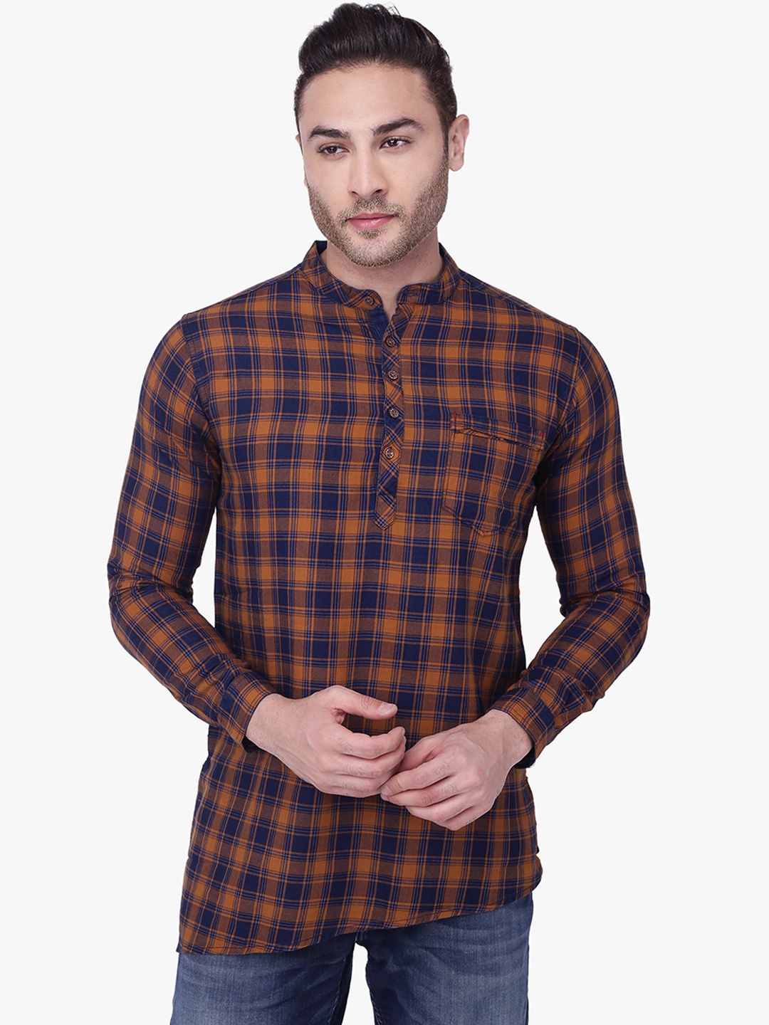 

Kuons Avenue Men Mustard Yellow & Blue Checked Straight Kurta