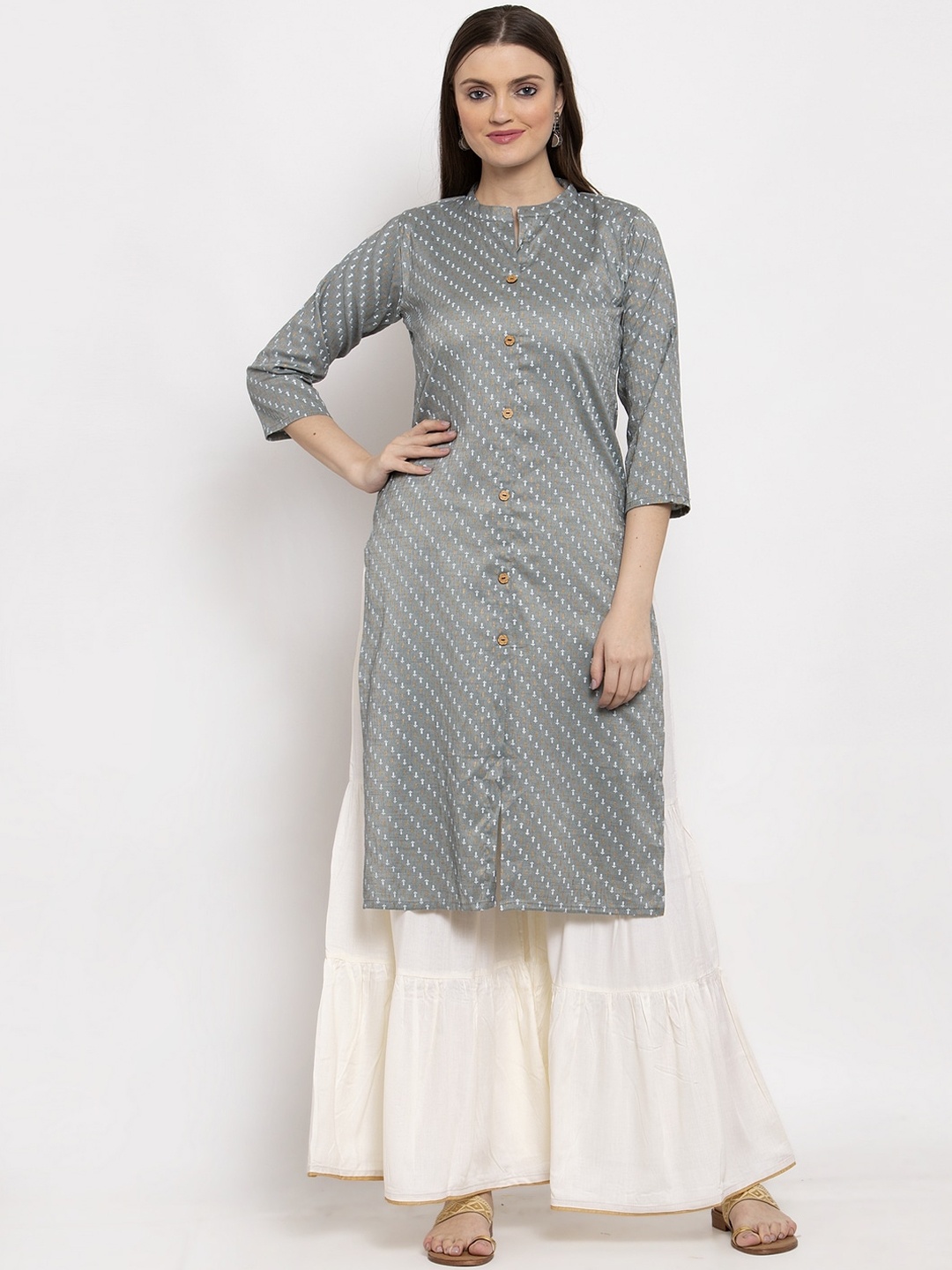 

Miaz Lifestyle Women Grey & White Printed Kurta with Sharara