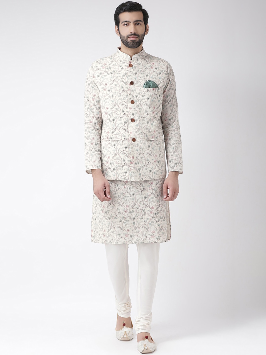 

Vartah Men Off-White & White Printed Kurta with Churidar & Nehru Jacket