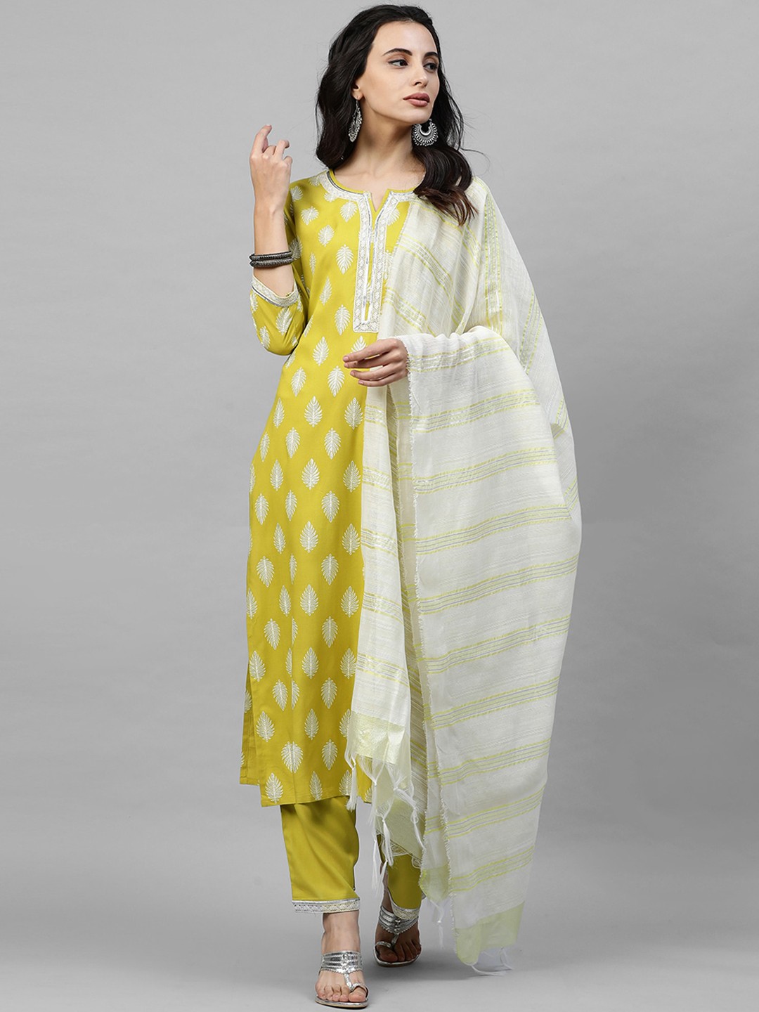 

Indo Era Women Yellow & White Printed Kurta with Trousers & Dupatta