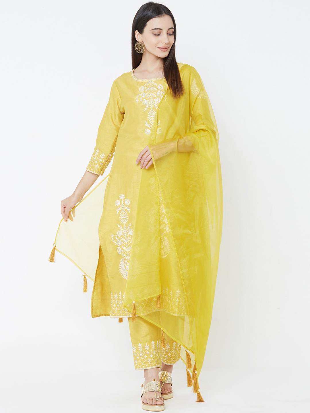

FASHOR Women Yellow Embroidered Kurta with Trousers & Dupatta