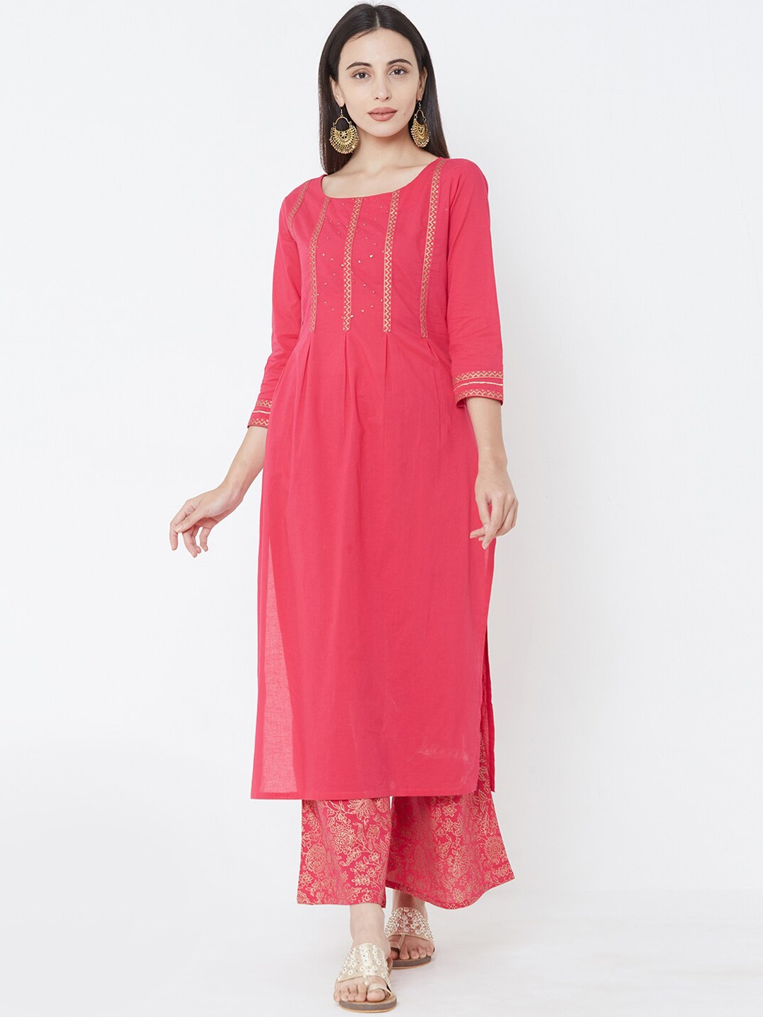 

FASHOR Women Pink & Gold-Toned Printed Kurta with Palazzos