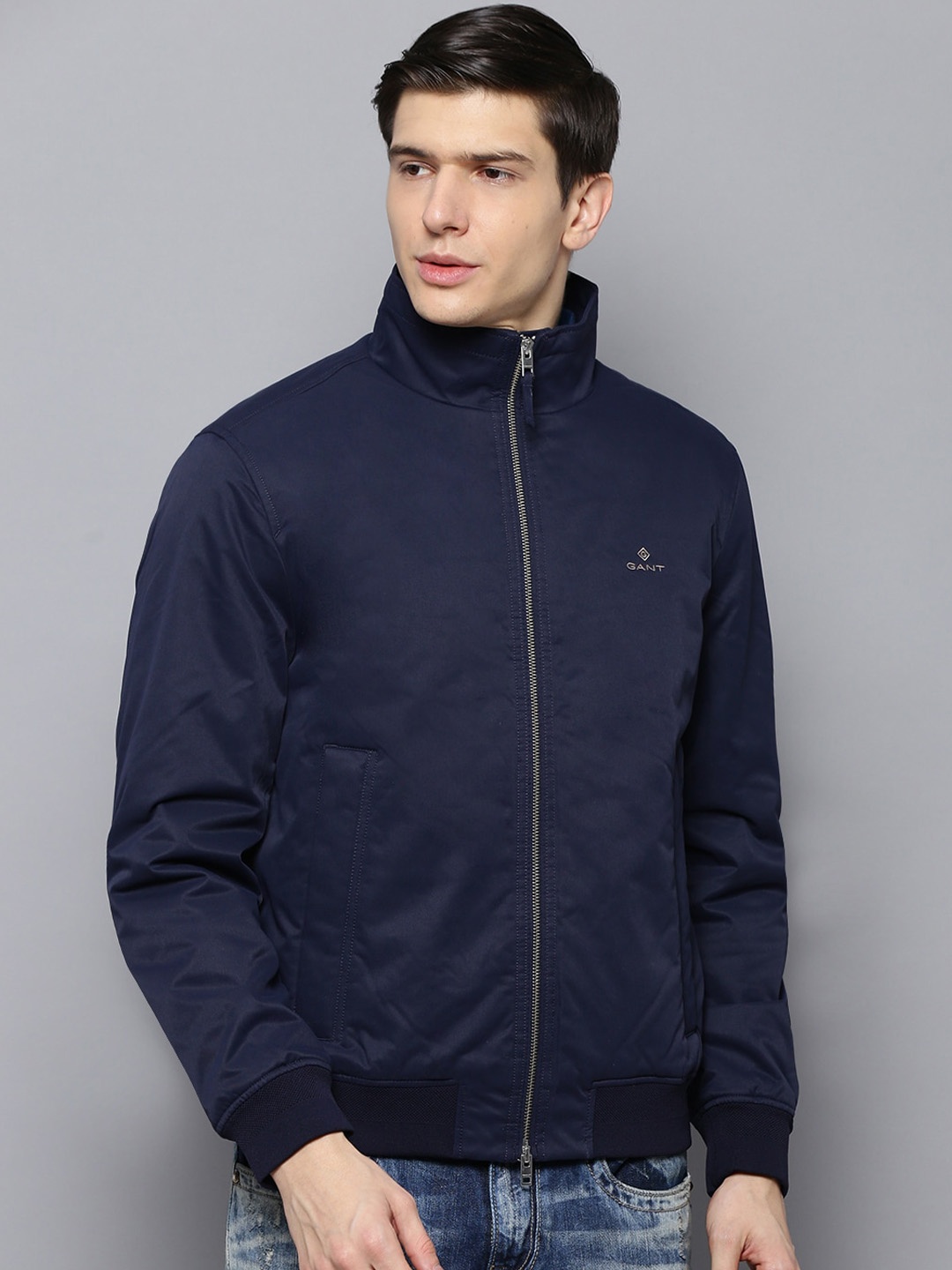 

GANT Men Navy Blue Solid Bomber Jacket