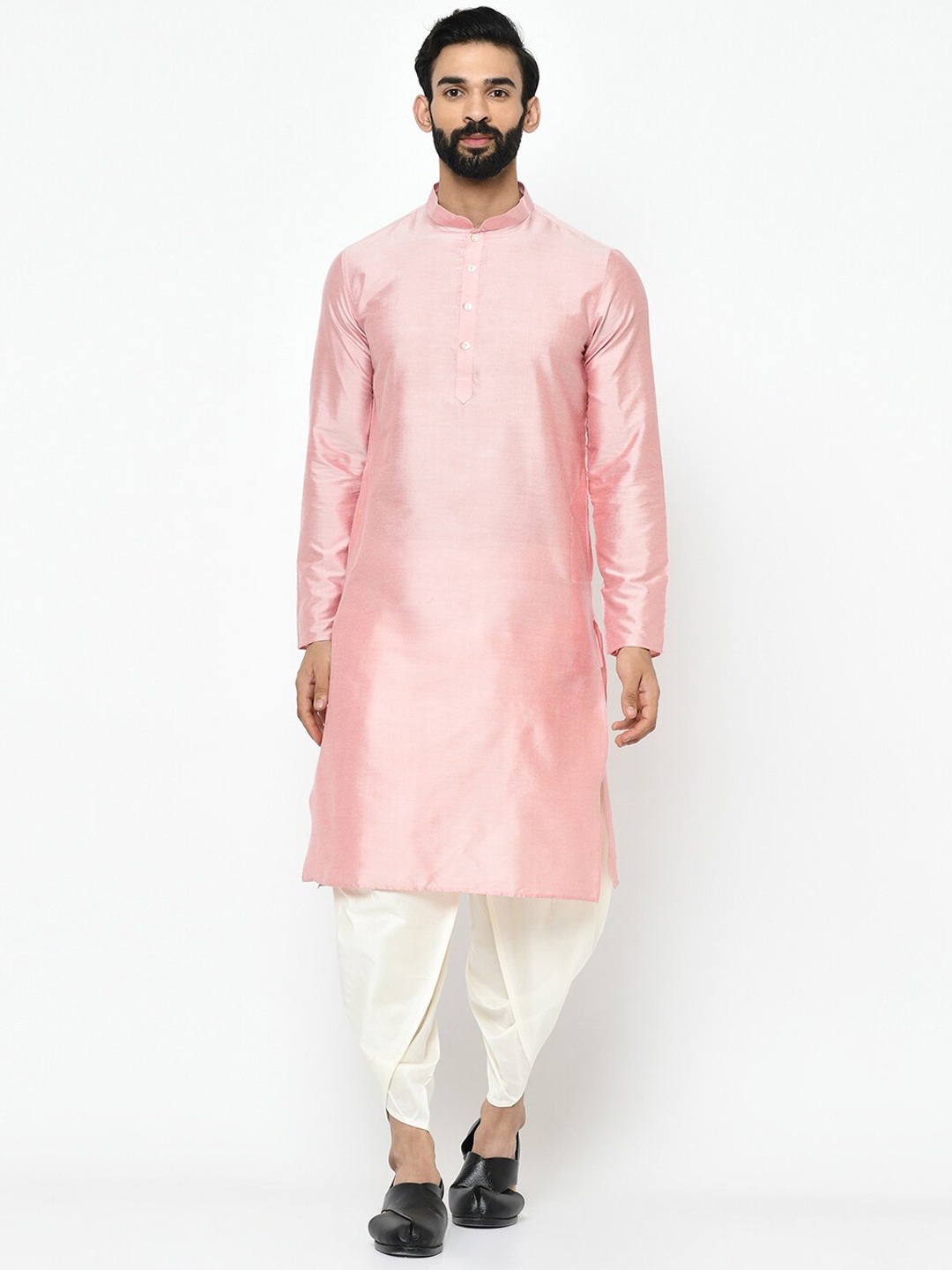 

Vartah Men Pink & White Solid Kurta with Dhoti Pants & Nehru Jacket