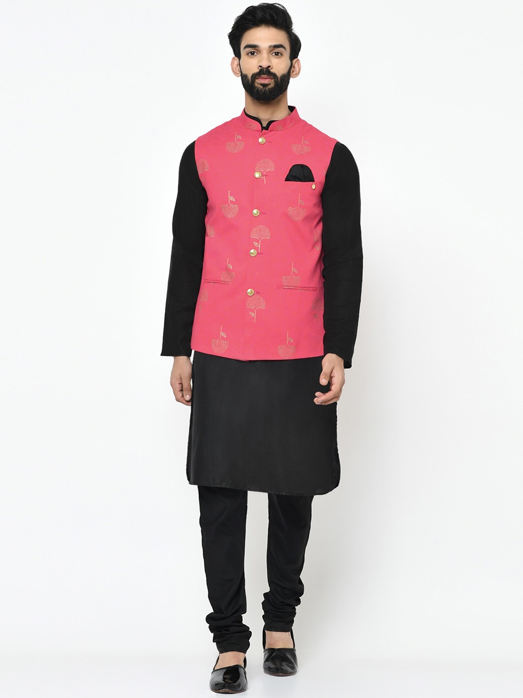 

Vartah Men Black & Pink Solid Kurta with Churidar & Nehru Jacket