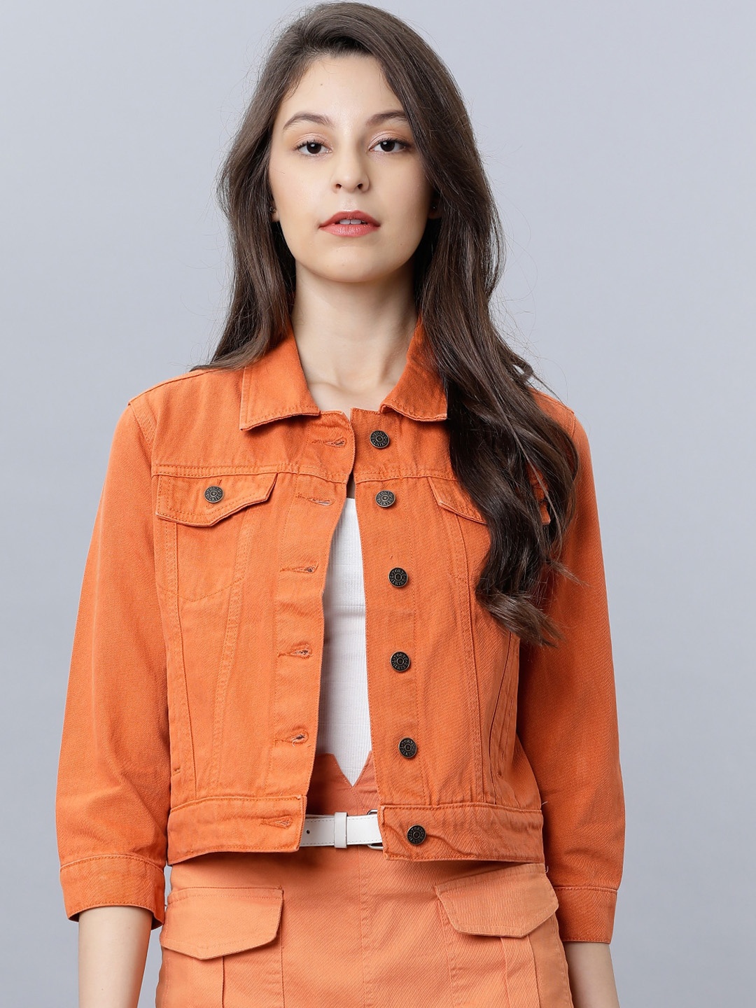 

Tokyo Talkies Women Orange Solid Denim Jacket