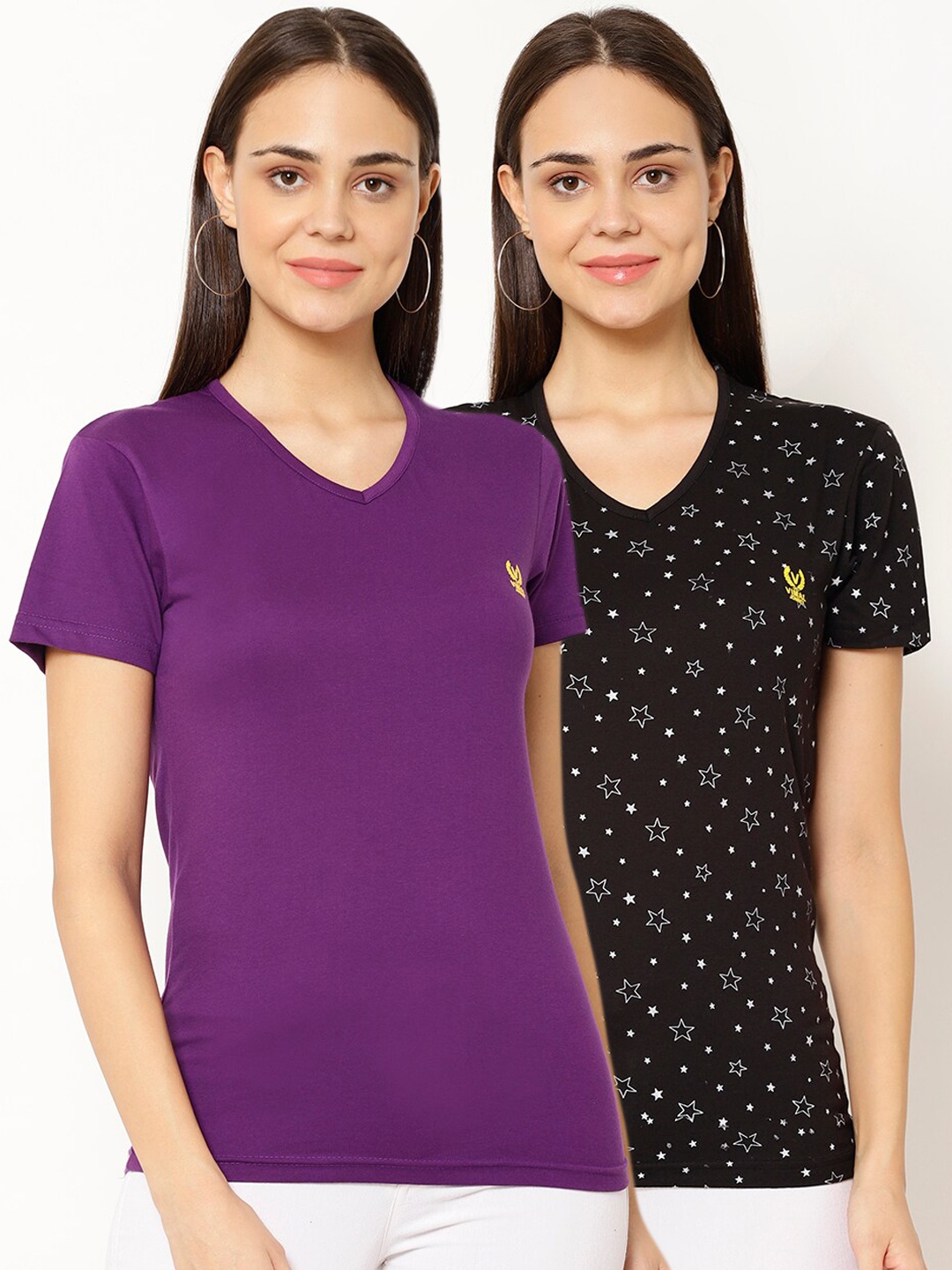 MACK JONNEY Women Pack Of 2 Printed V-Neck T-shirt, Purple