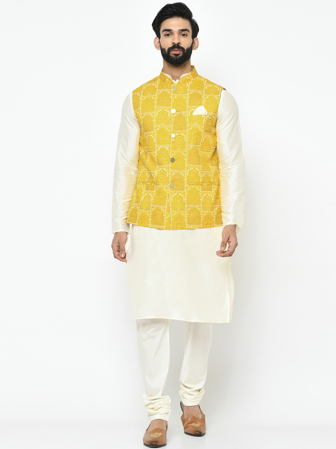 

Vartah Men Cream-Coloured & Yellow Solid Kurta with Churidar & Nehru Jacket