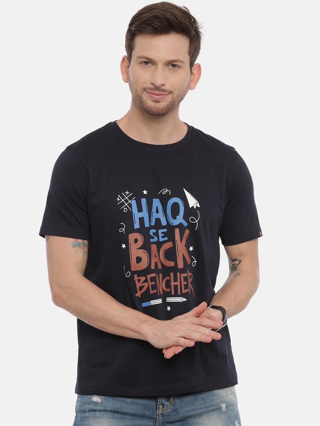 

Bushirt Men Navy Blue Printed Round Neck T-shirt