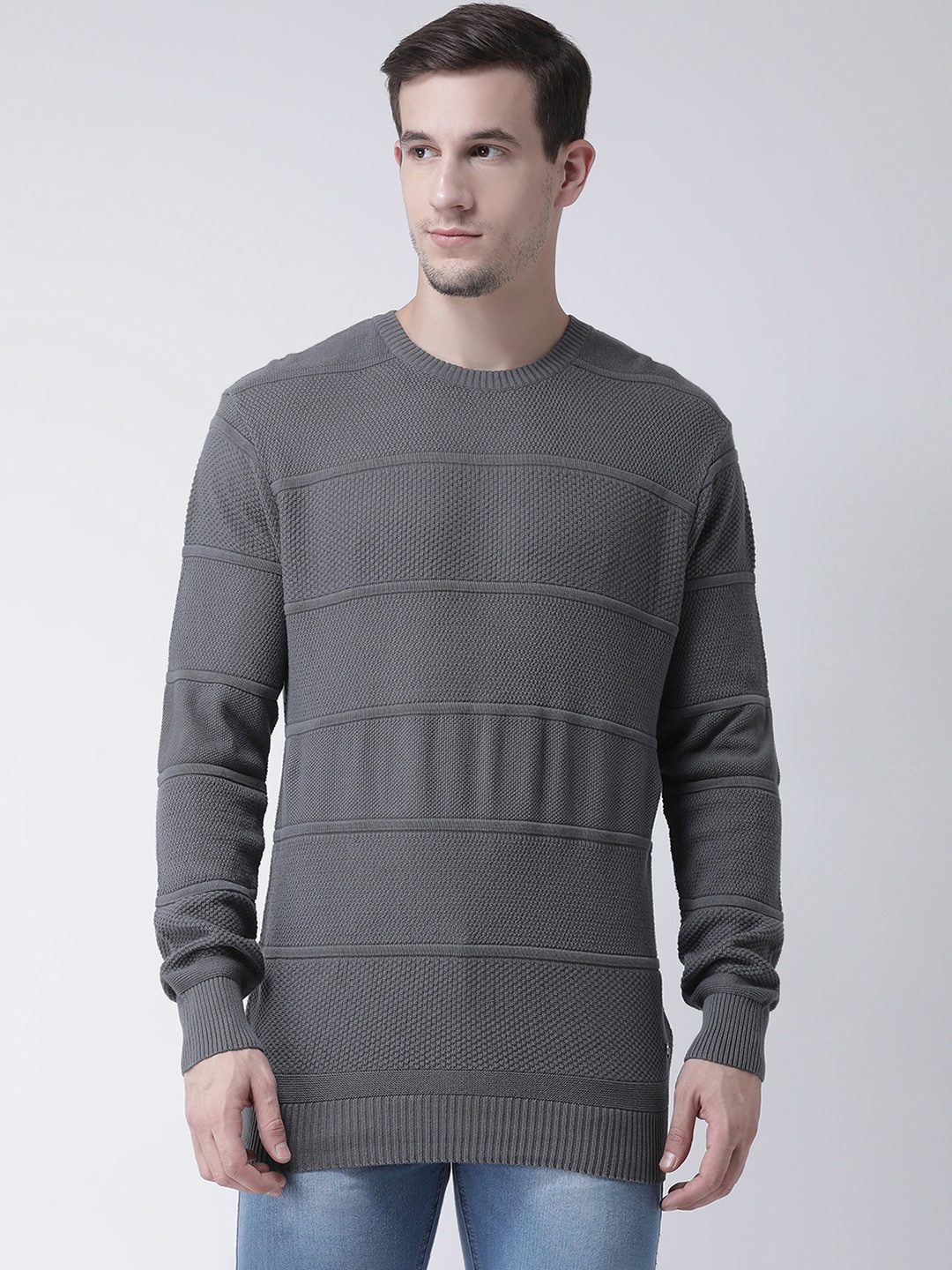 

Club York Men Grey Self Design Knitted Woollen Pullover