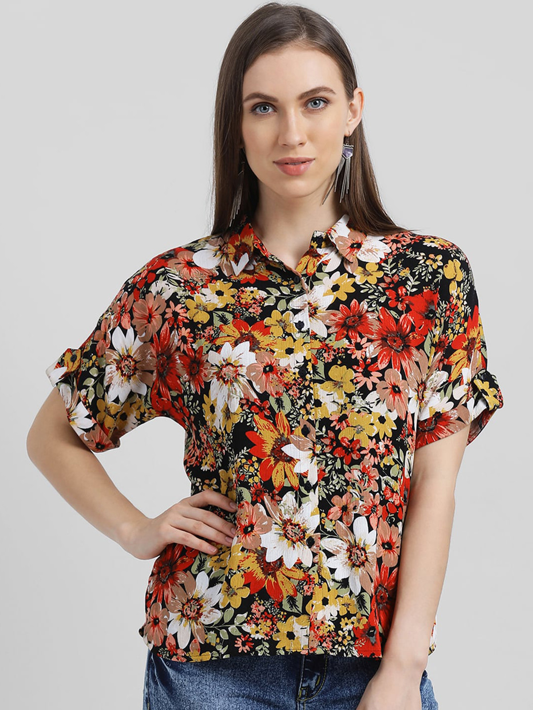 

Zink London Women Black & Red Printed Shirt Style Top