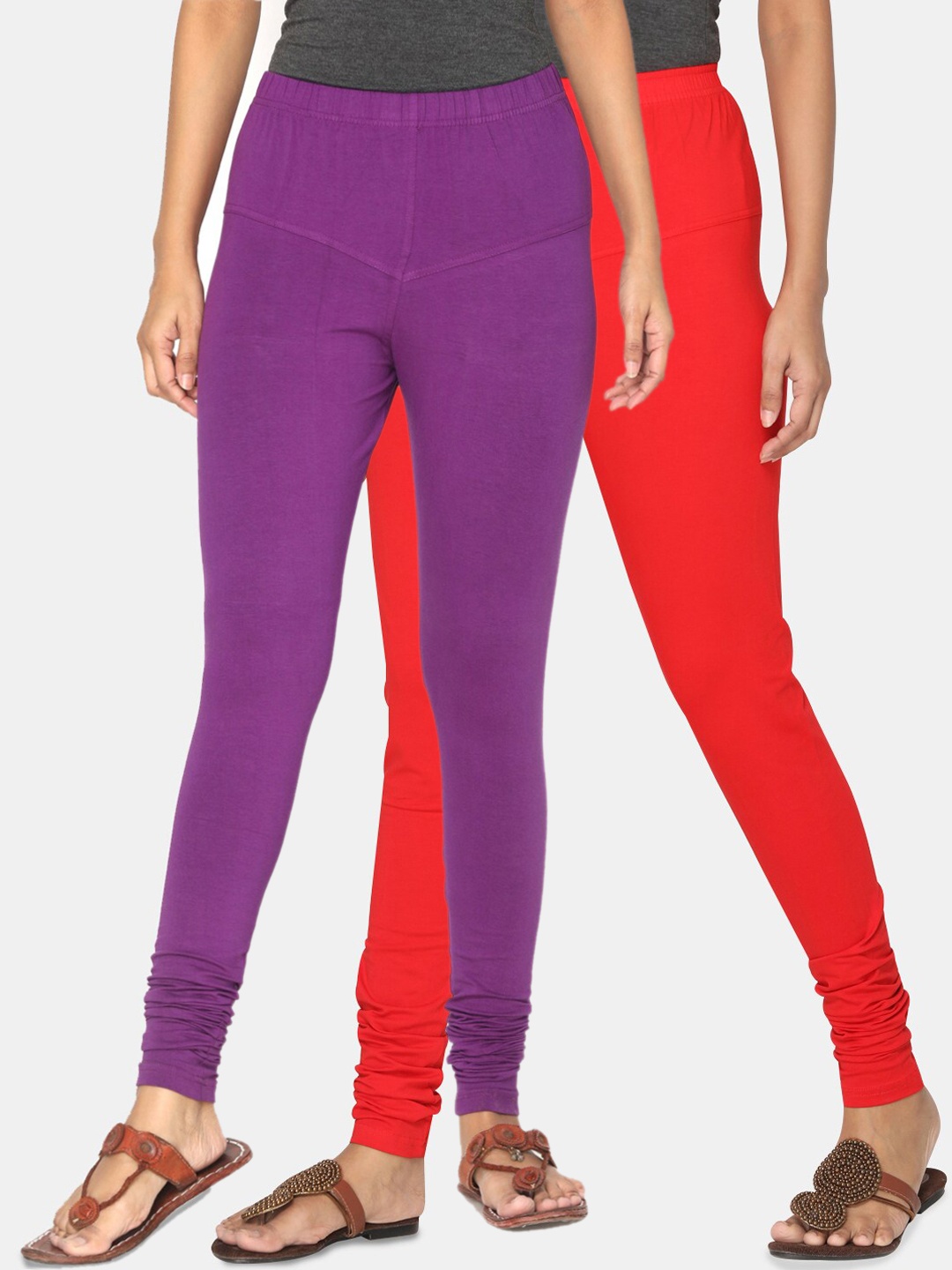 

TSG Bliss Women Pack of 2 Solid Churidar Leggings, Red