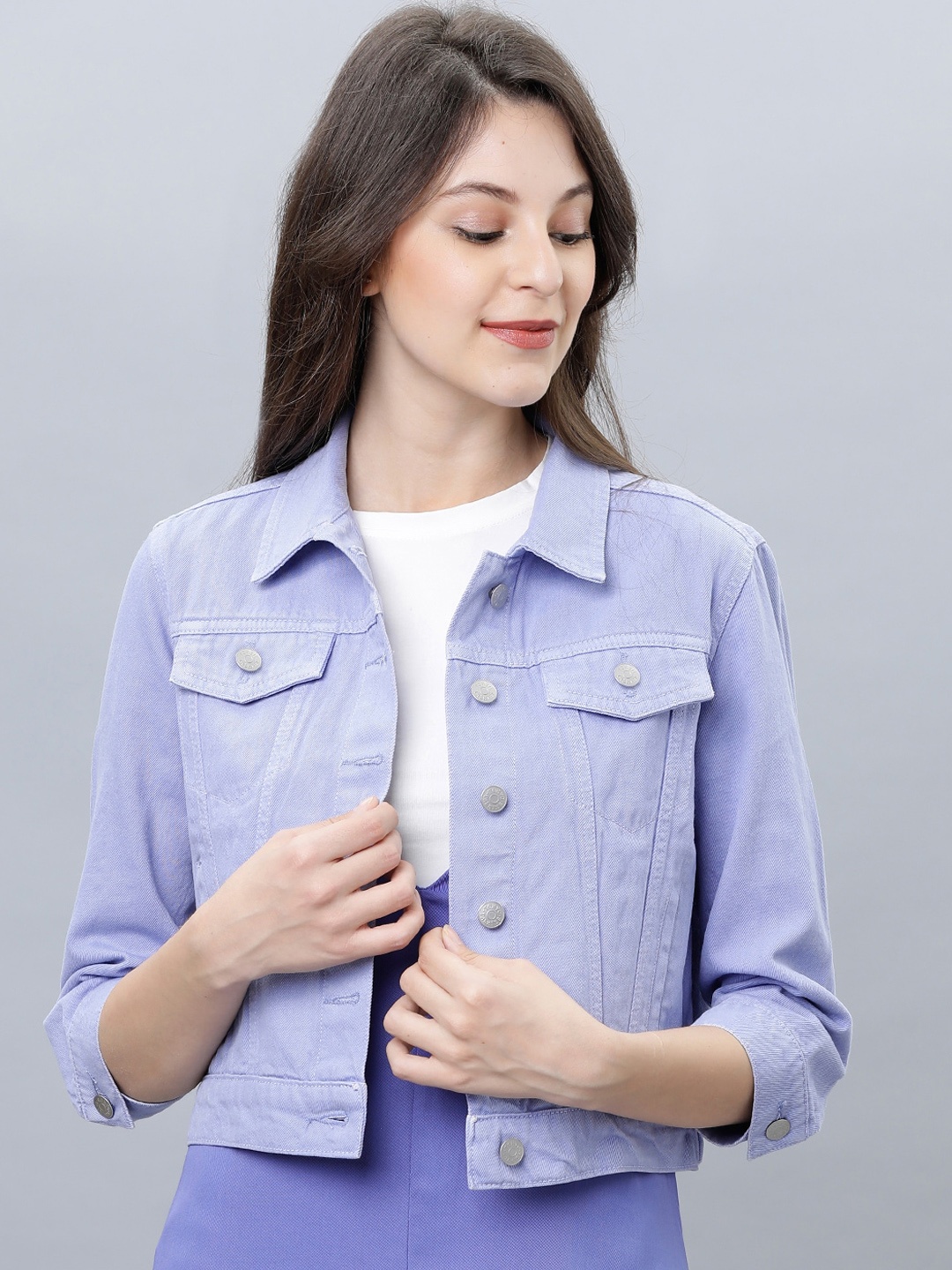 

Tokyo Talkies Women Purple Solid Denim Jacket