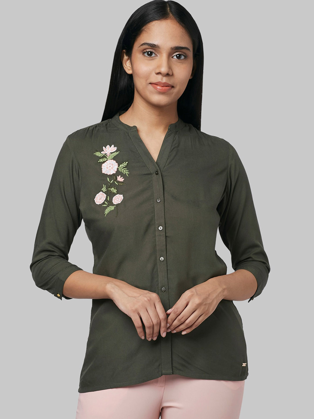 

Park Avenue Woman Women Green Embroidered Shirt Style Top