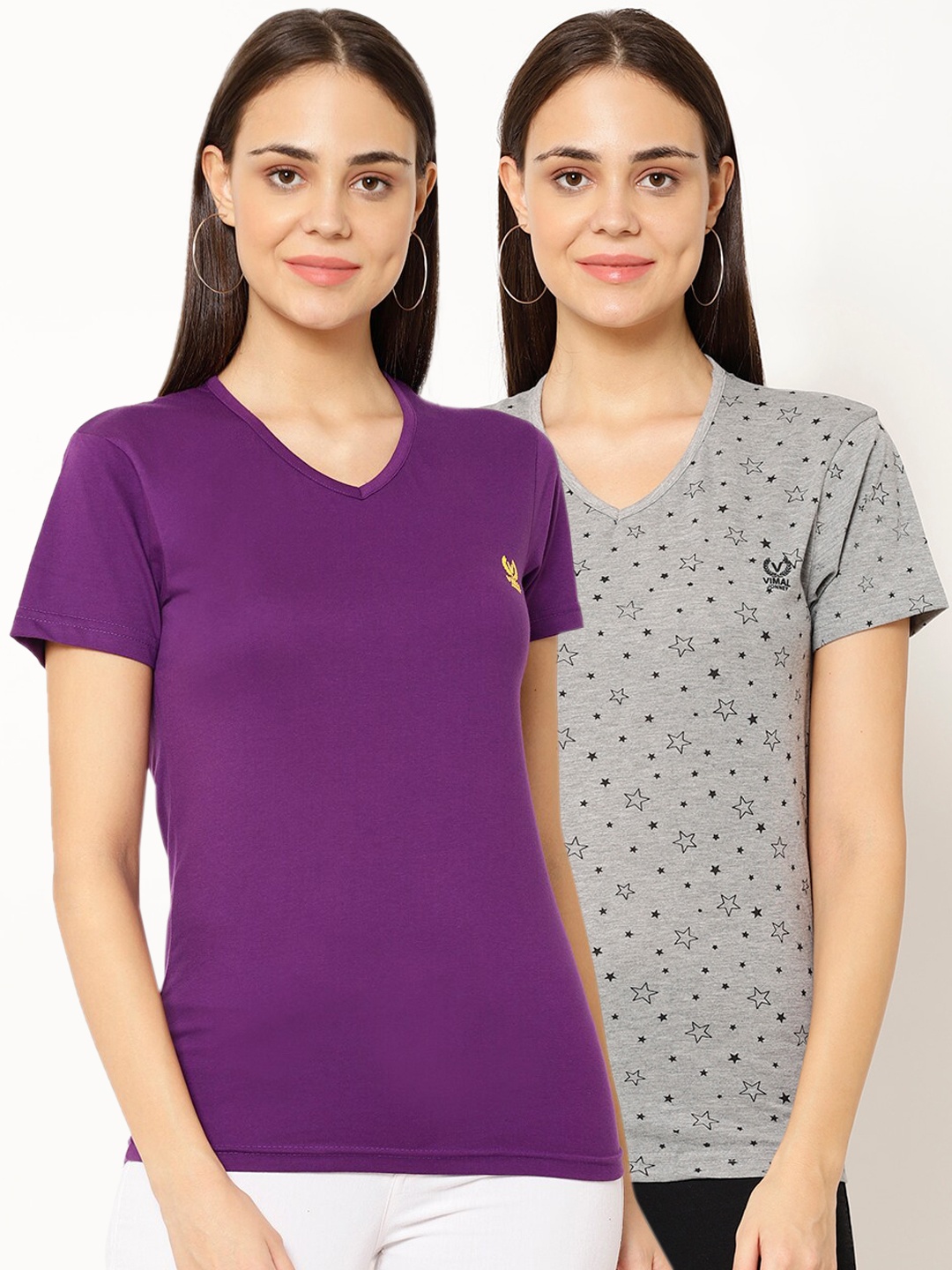 

MACK JONNEY Women Pack Of 2 Solid V-Neck T-shirt, Purple