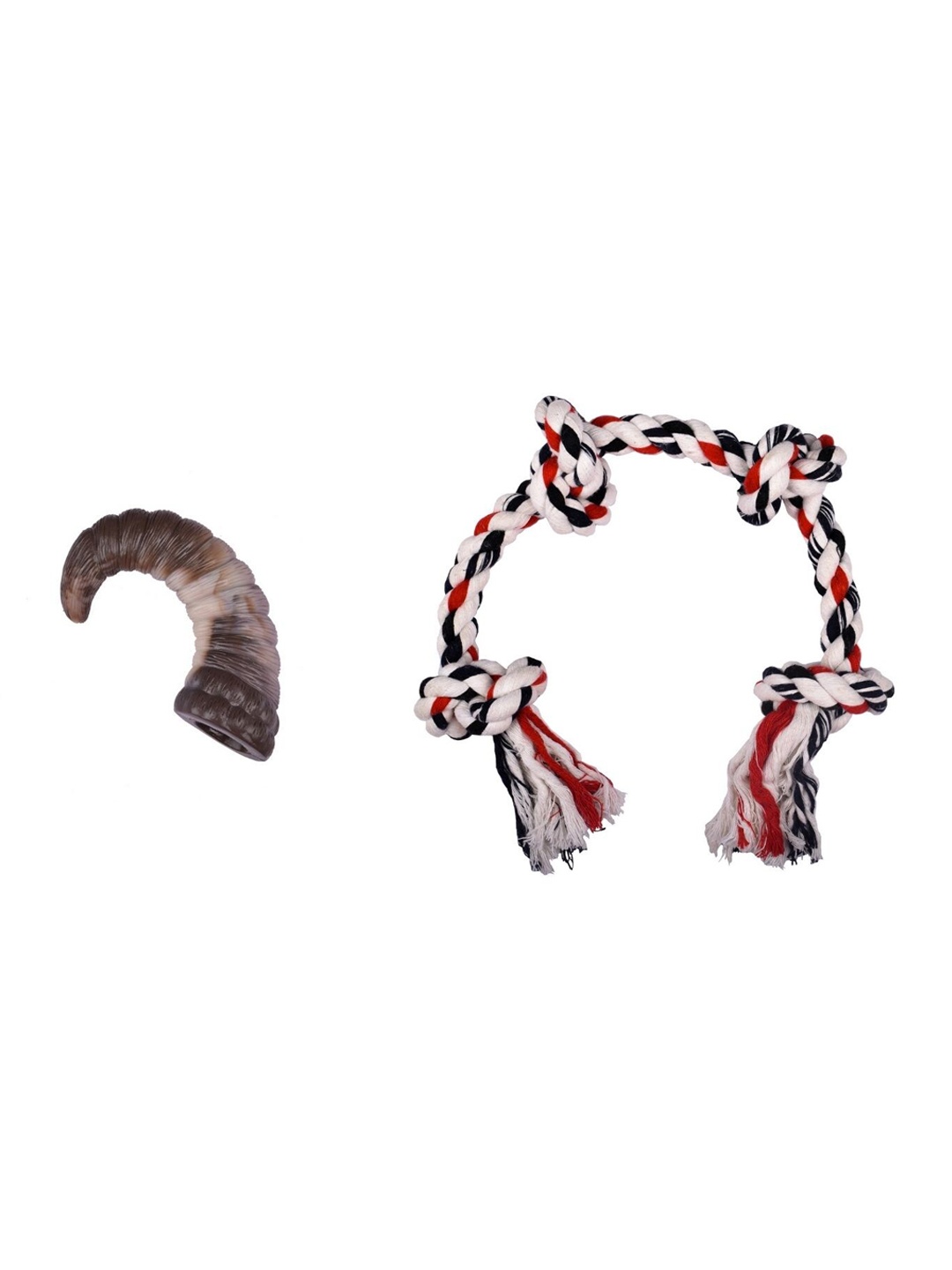 

Poochles Brown Sheep Horn & Four Knot Rope Combo Dog Toys